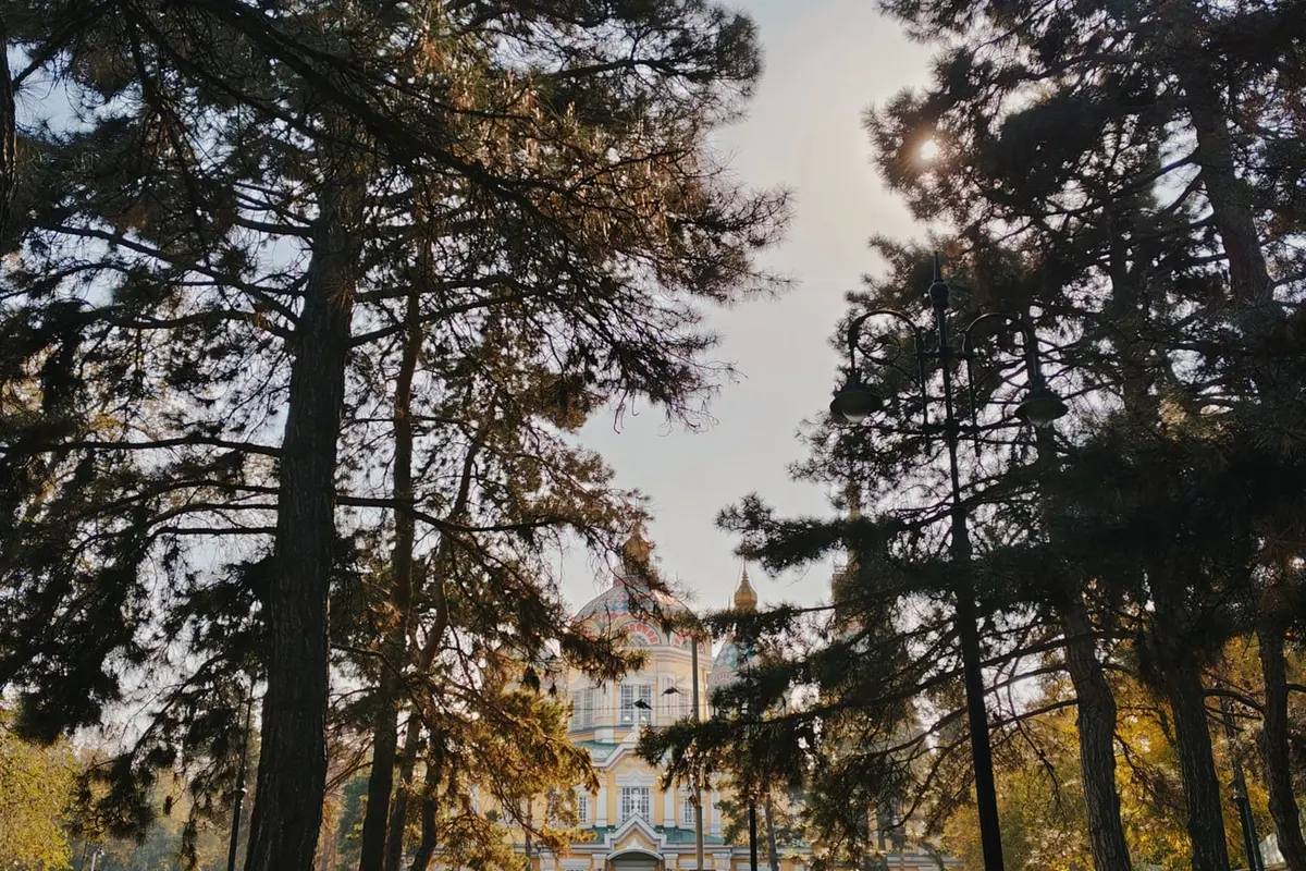 The domes of the Ascension Cathedral seen through tall pines in Panfilov Park, Almaty